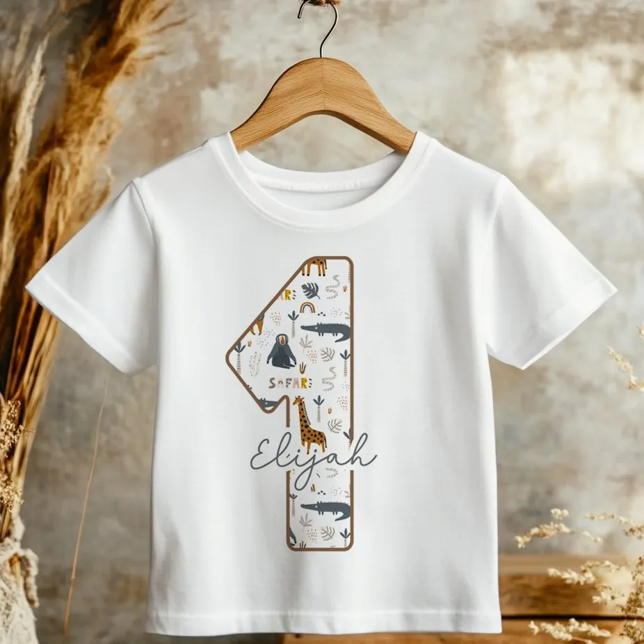 1st Birthday Safari Animals Theme Personalised Toddler & Kids T Shirt