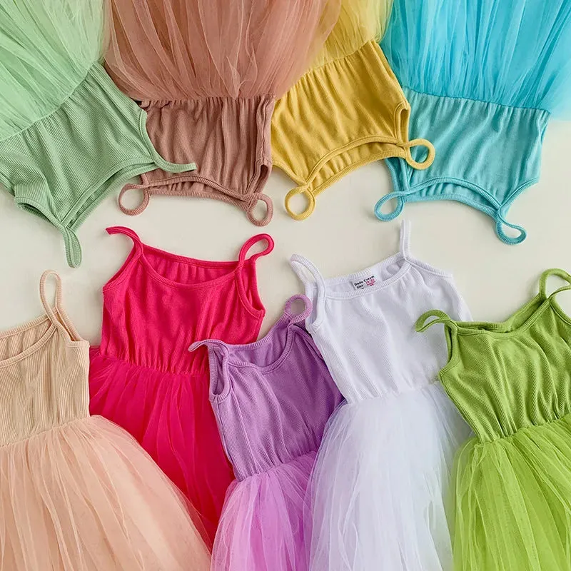 2023 Summer Baby Girls Slip Dress Mesh   Elastic Cotton Cloth Fashion Solid Color Children Casual Skirts 6M-6Y Kids Wear Clothes