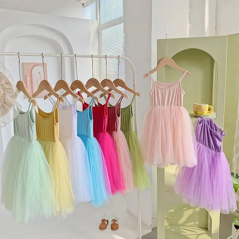 2023 Summer Baby Girls Slip Dress Mesh   Elastic Cotton Cloth Fashion Solid Color Children Casual Skirts 6M-6Y Kids Wear Clothes