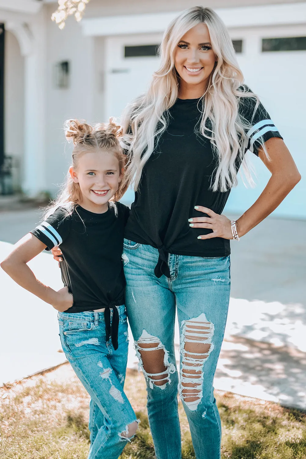 Black Family Matching Girl's Tie Knot Striped T-shirt