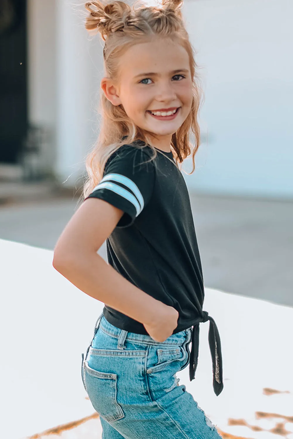 Black Family Matching Girl's Tie Knot Striped T-shirt