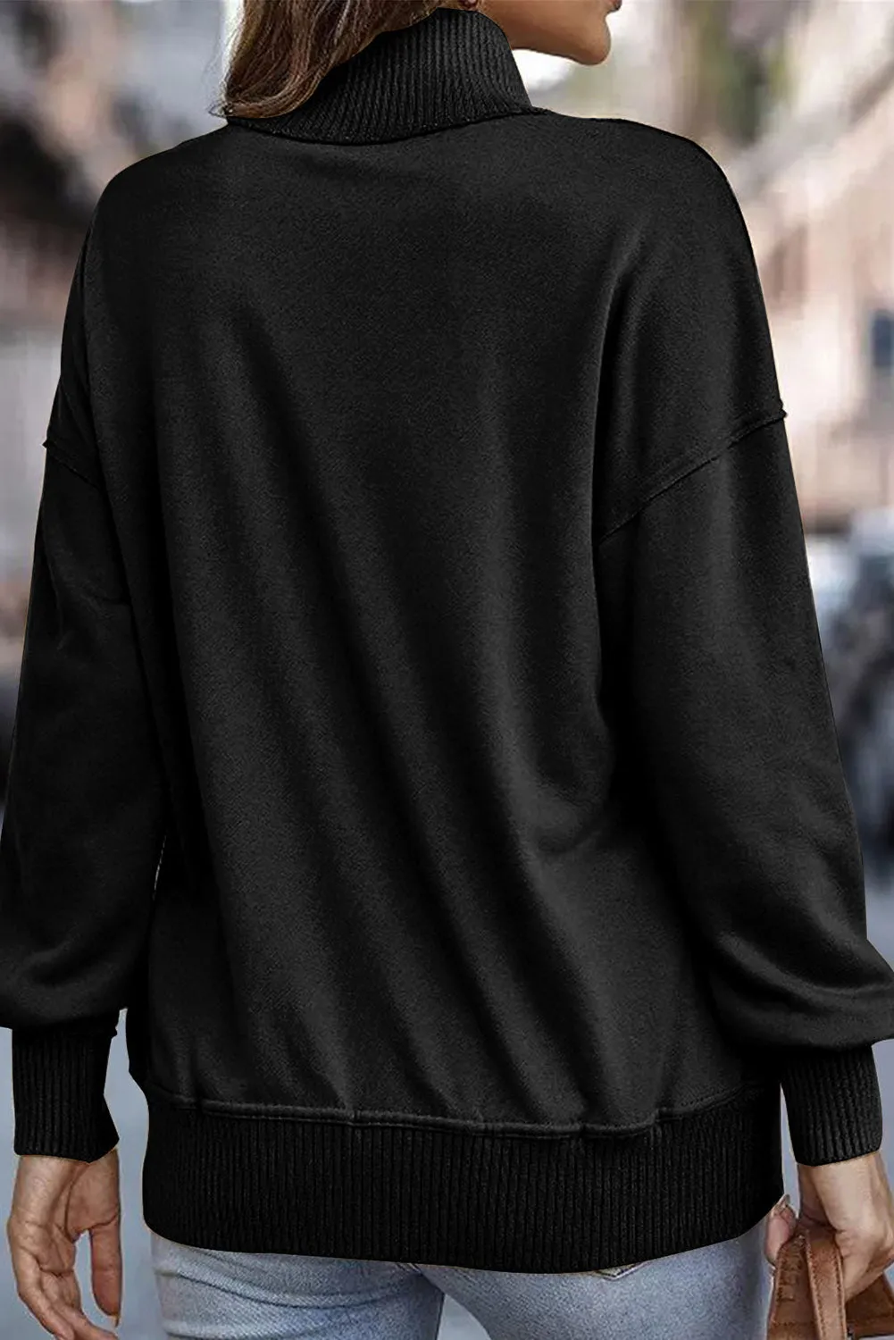 Black Ribbed Hem Snap Button Neckline Sweatshirt with Pocket
