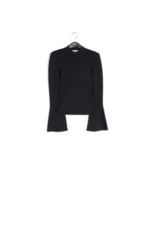 Black slim-fit knit sweater with trumpet sleeves