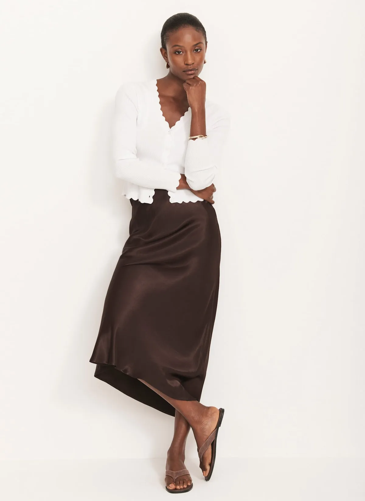Brown Satin Slip Midi Skirt