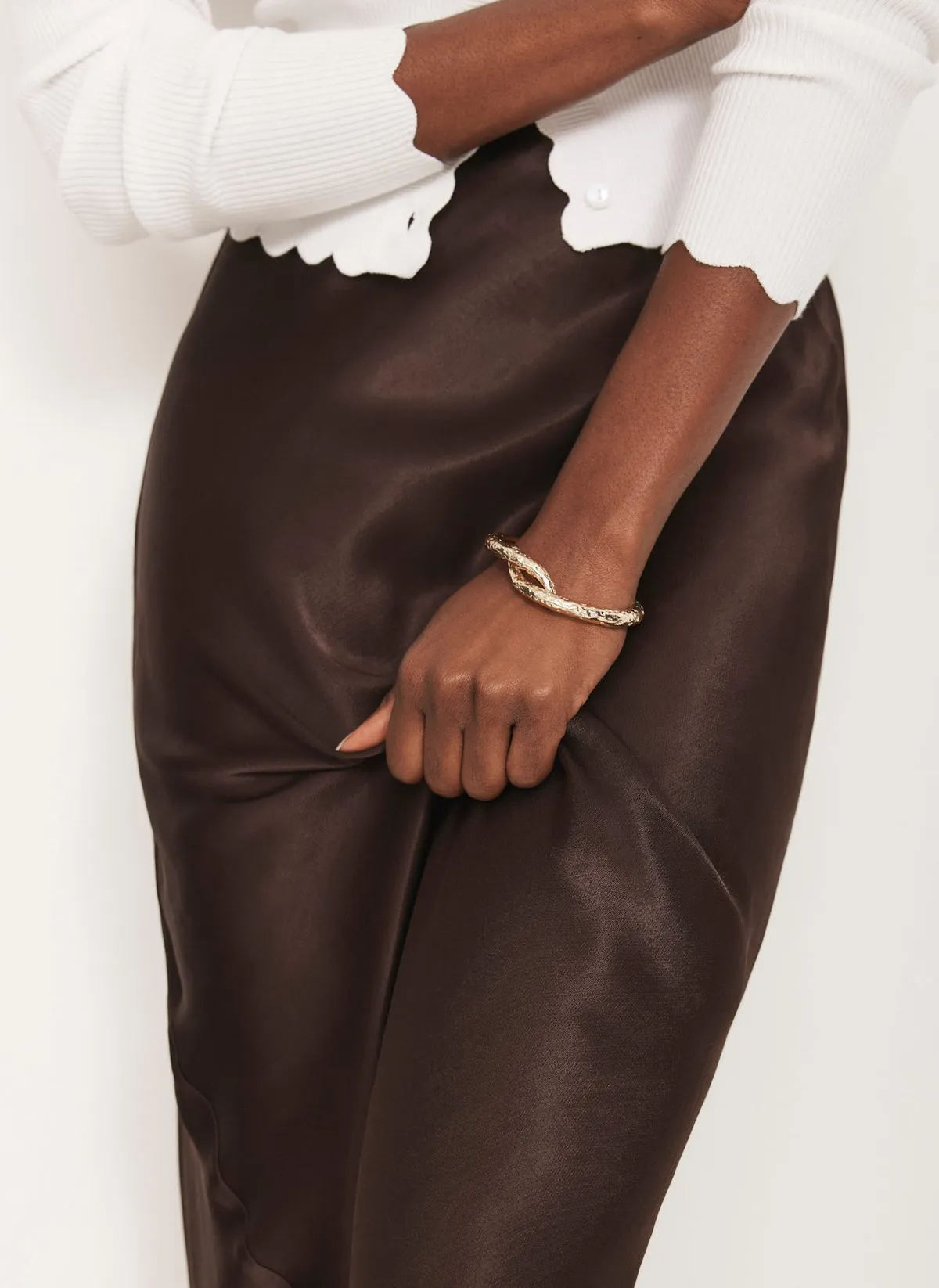Brown Satin Slip Midi Skirt