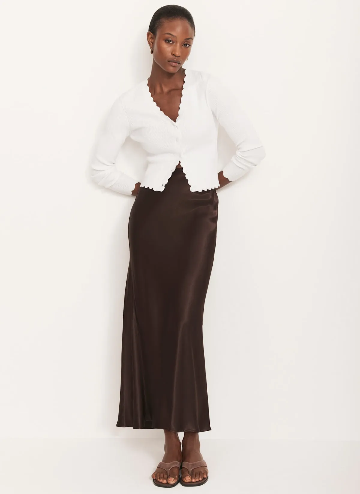 Brown Satin Slip Midi Skirt