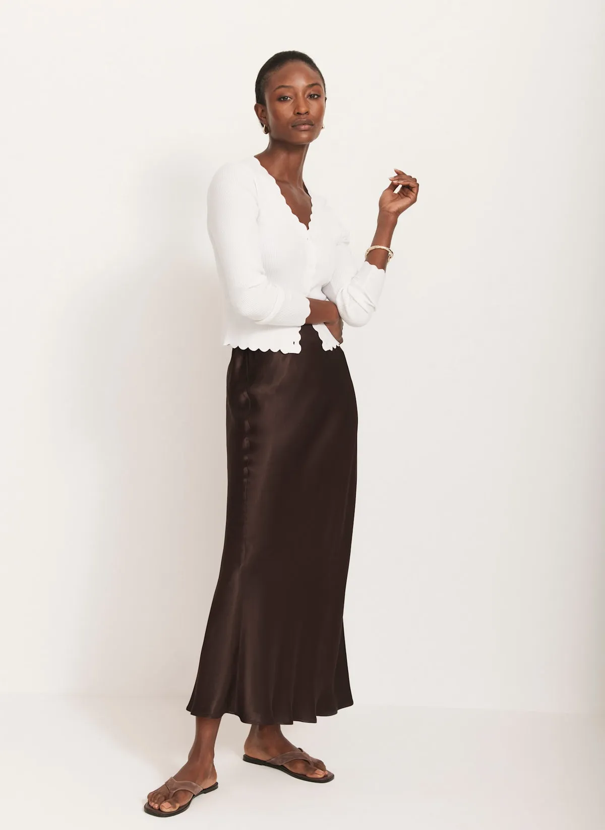 Brown Satin Slip Midi Skirt