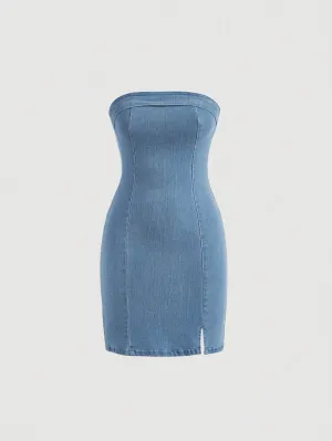 Cherry Vibes Vestido vaquero tubo azul con dobladillo dividido