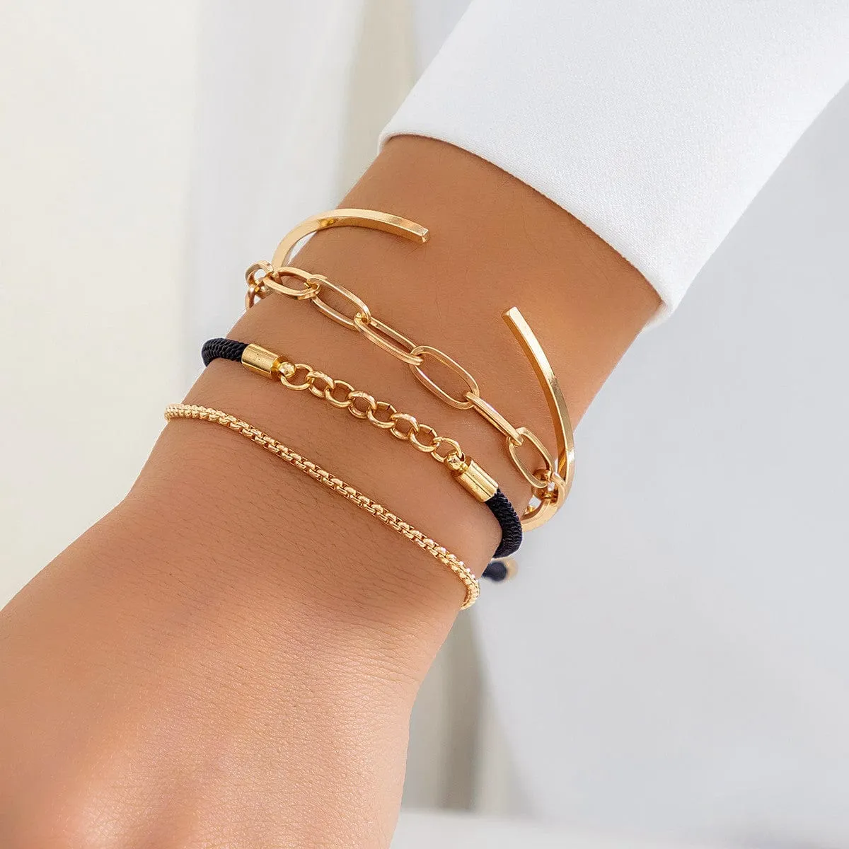 Chic Layered Knotted String Box Chain Bangle Bracelet Set