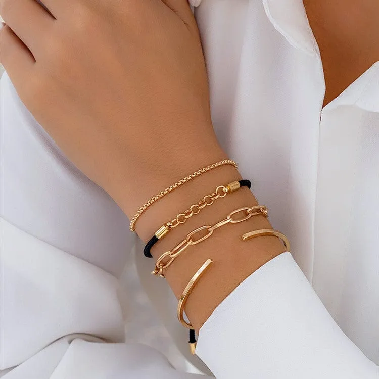 Chic Layered Knotted String Box Chain Bangle Bracelet Set