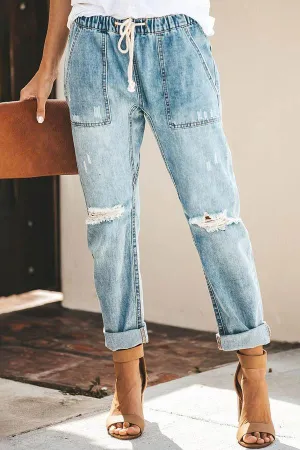 Chicindress Loose Drawstring Blue Jeans