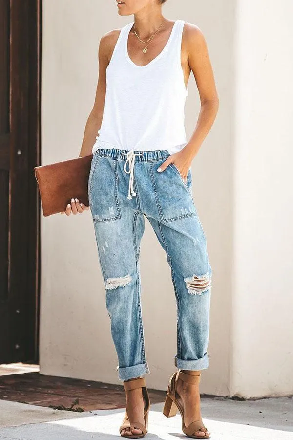 Chicindress Loose Drawstring Blue Jeans