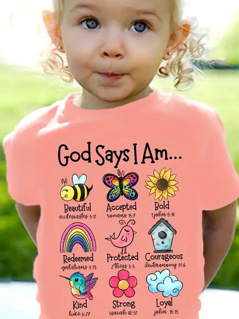Christianartbag T-shirt, God Says I Am Graphic Girls Creative T-Shirt, Children's Printed T-Shirts, CABTK01190923.