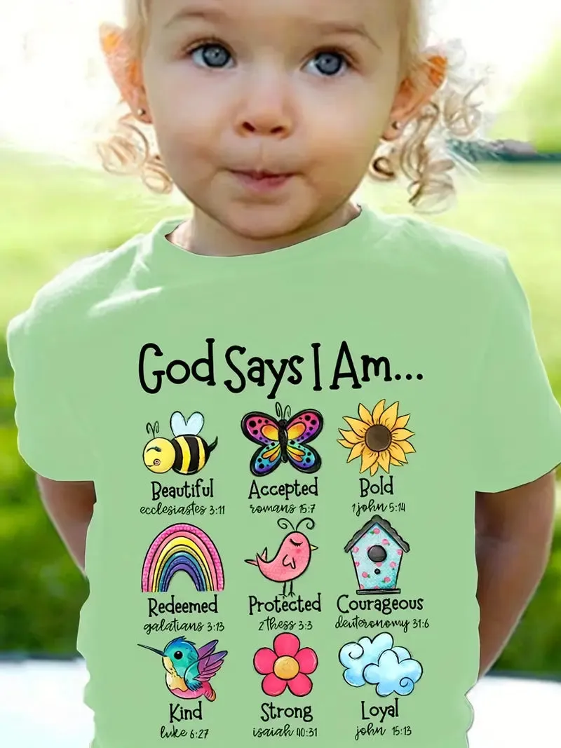 Christianartbag T-shirt, God Says I Am Graphic Girls Creative T-Shirt, Children's Printed T-Shirts, CABTK01190923.