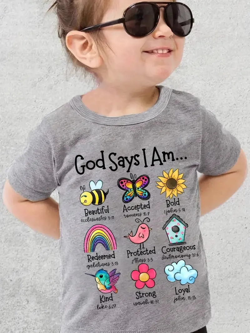 Christianartbag T-shirt, God Says I Am Graphic Girls Creative T-Shirt, Children's Printed T-Shirts, CABTK01190923.