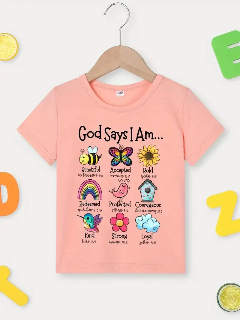 Christianartbag T-shirt, God Says I Am Graphic Girls Creative T-Shirt, Children's Printed T-Shirts, CABTK01190923.