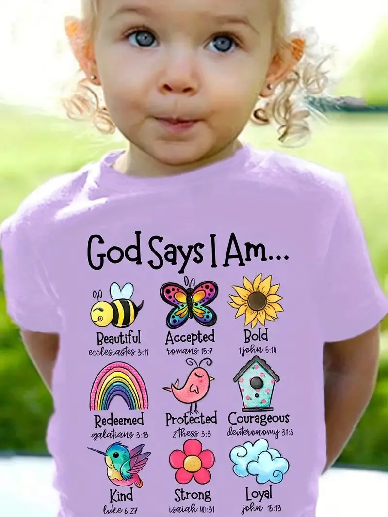 Christianartbag T-shirt, God Says I Am Graphic Girls Creative T-Shirt, Children's Printed T-Shirts, CABTK01190923.