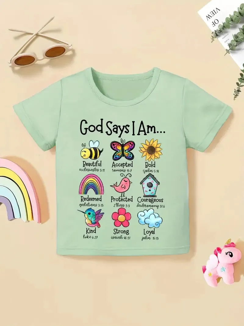 Christianartbag T-shirt, God Says I Am Graphic Girls Creative T-Shirt, Children's Printed T-Shirts, CABTK01190923.