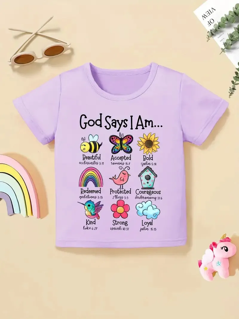 Christianartbag T-shirt, God Says I Am Graphic Girls Creative T-Shirt, Children's Printed T-Shirts, CABTK01190923.