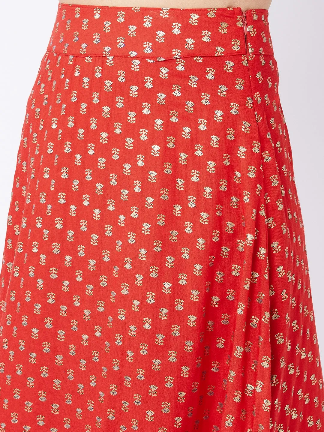 Current Red Gold Print Long Skirt