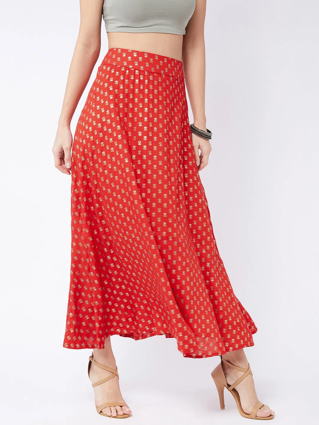Current Red Gold Print Long Skirt