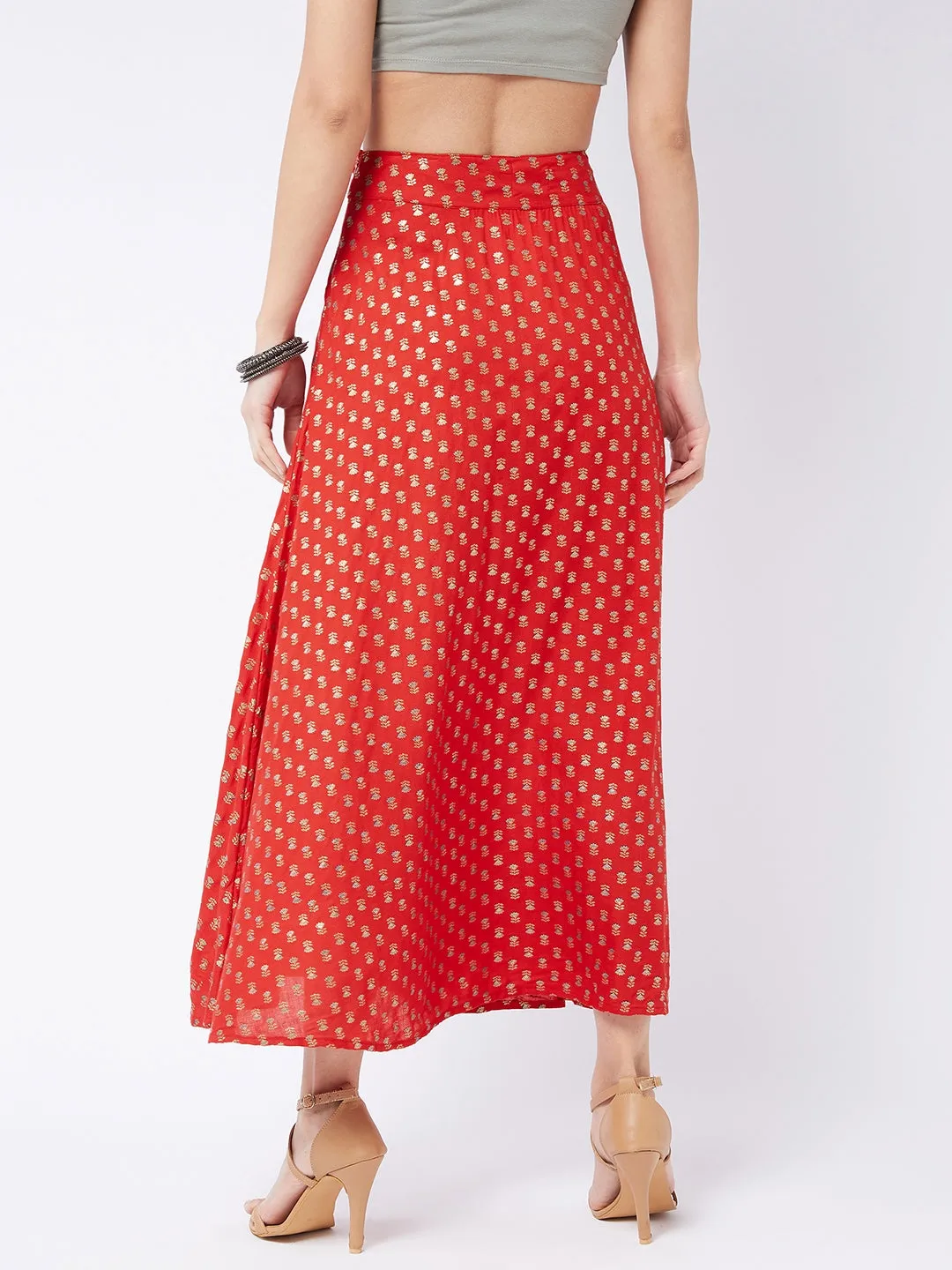 Current Red Gold Print Long Skirt