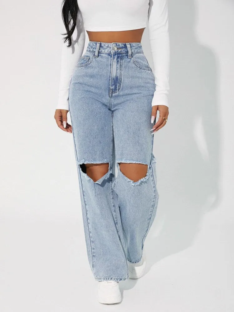 Denimcolab High Waist Straight Pant Fashion Hole In Knee Jeans Woman Loose Boyfriend Jeans Lady Streetwear Cut Out Denim Trouser