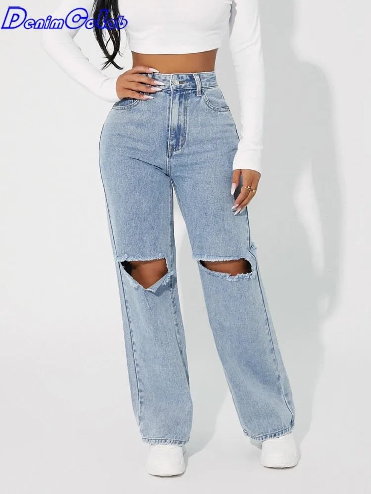 Denimcolab High Waist Straight Pant Fashion Hole In Knee Jeans Woman Loose Boyfriend Jeans Lady Streetwear Cut Out Denim Trouser