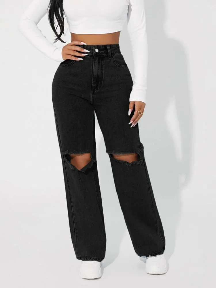 Denimcolab High Waist Straight Pant Fashion Hole In Knee Jeans Woman Loose Boyfriend Jeans Lady Streetwear Cut Out Denim Trouser