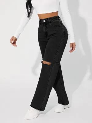 Denimcolab High Waist Straight Pant Fashion Hole In Knee Jeans Woman Loose Boyfriend Jeans Lady Streetwear Cut Out Denim Trouser