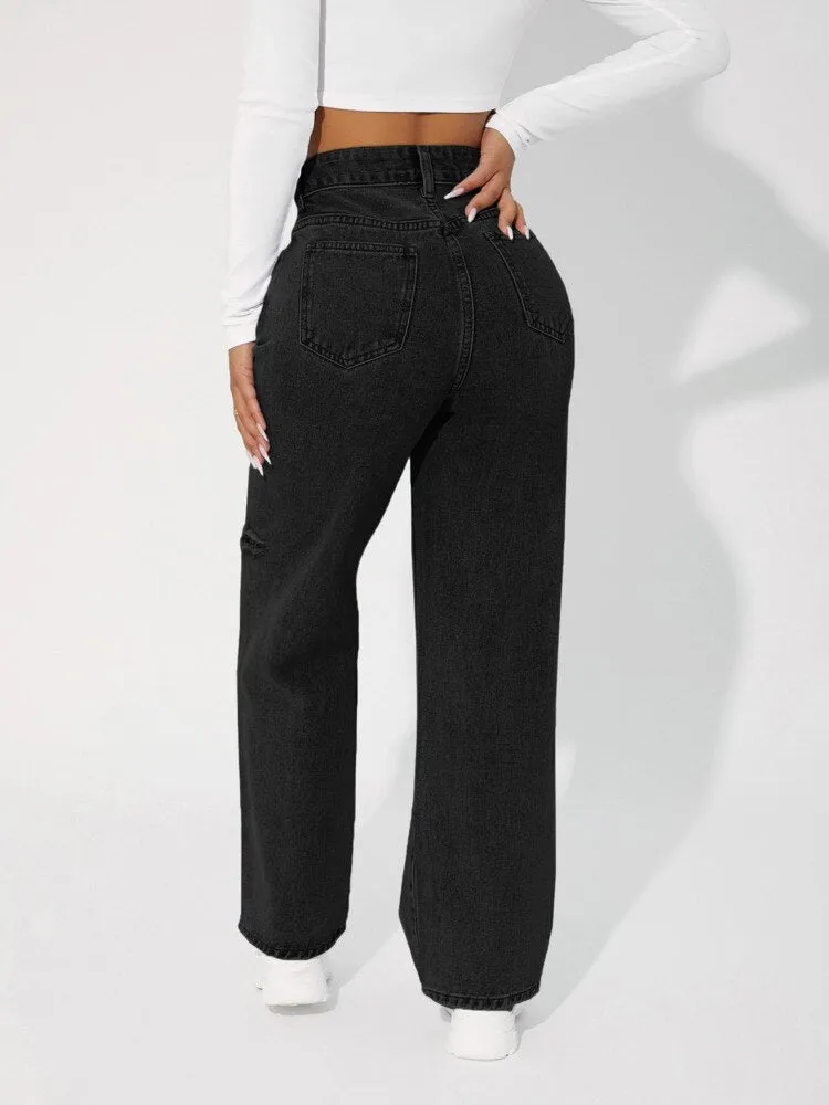 Denimcolab High Waist Straight Pant Fashion Hole In Knee Jeans Woman Loose Boyfriend Jeans Lady Streetwear Cut Out Denim Trouser