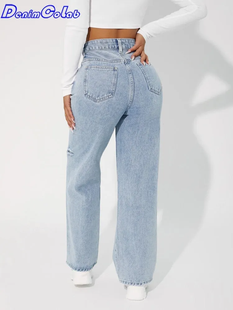 Denimcolab High Waist Straight Pant Fashion Hole In Knee Jeans Woman Loose Boyfriend Jeans Lady Streetwear Cut Out Denim Trouser