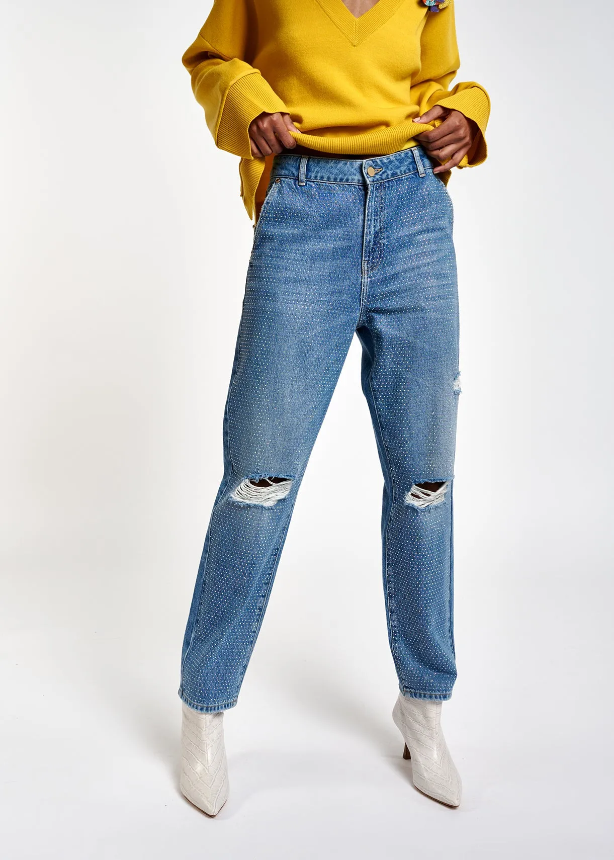 Distressed rhinestone-embellished jeans