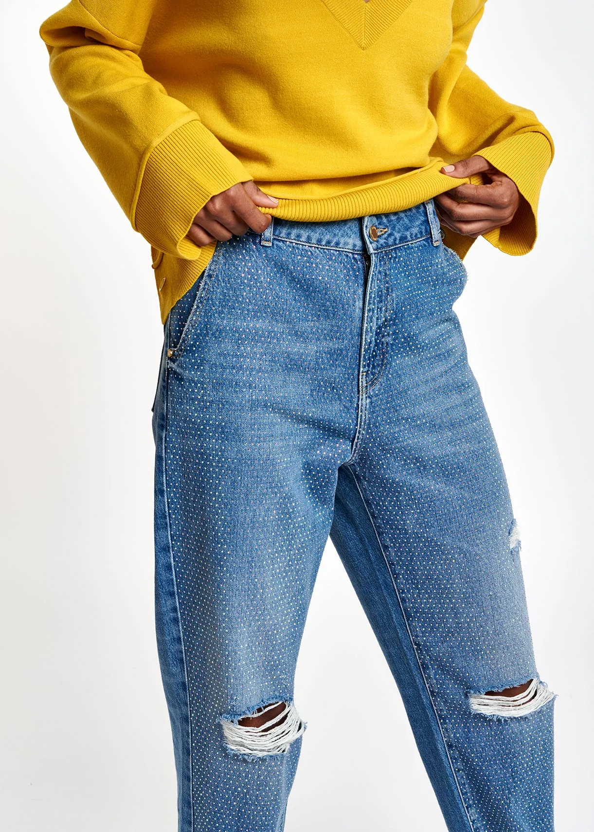 Distressed rhinestone-embellished jeans