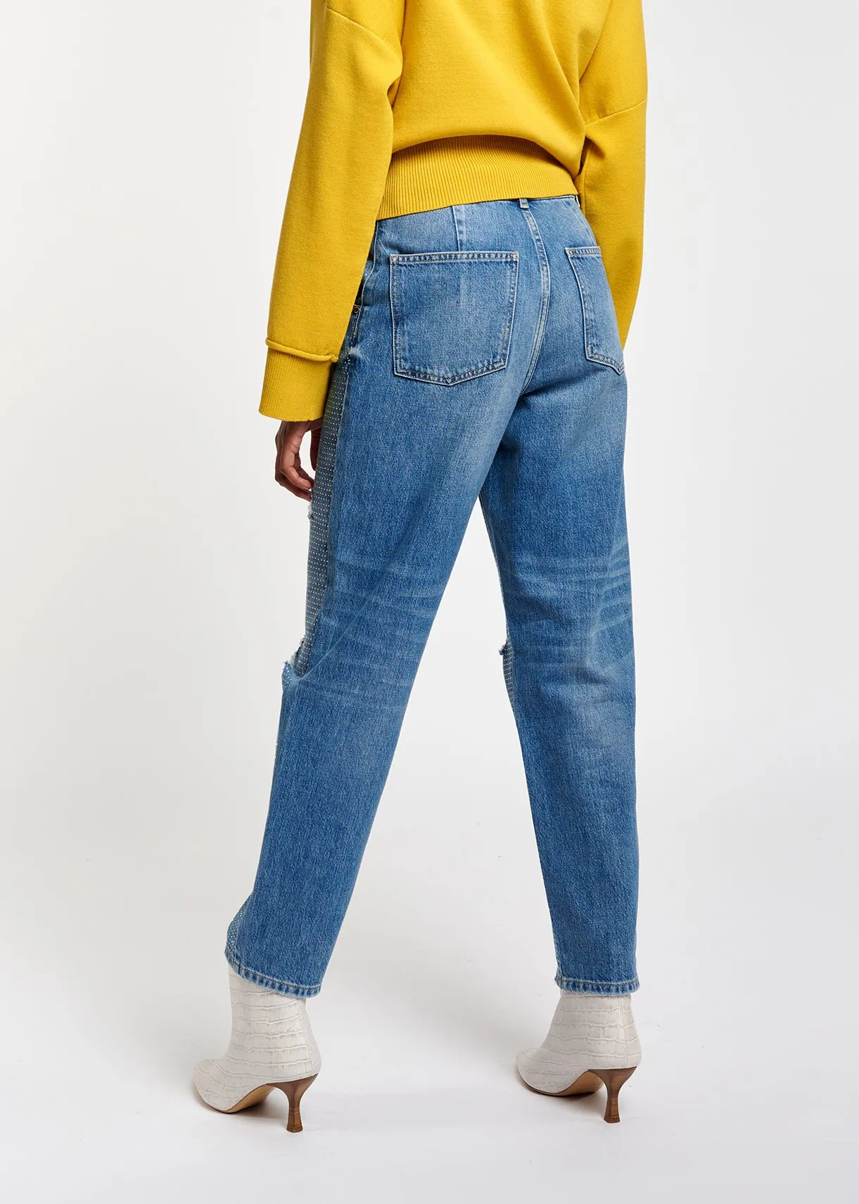 Distressed rhinestone-embellished jeans
