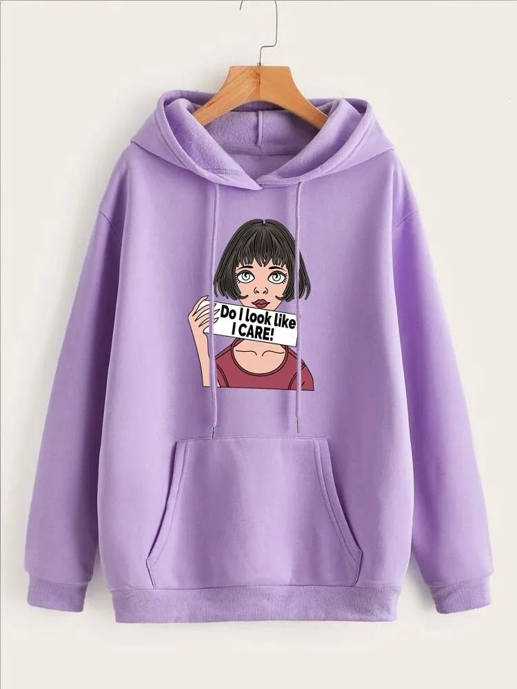 DO I Look Like I Care Anime Aesthetic Printed Fleece Full Sleeves Pull Over Hoodie For Women