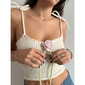 Ethereal White Crop Top with Adjustable Shoulder Straps and Knit Rose Details