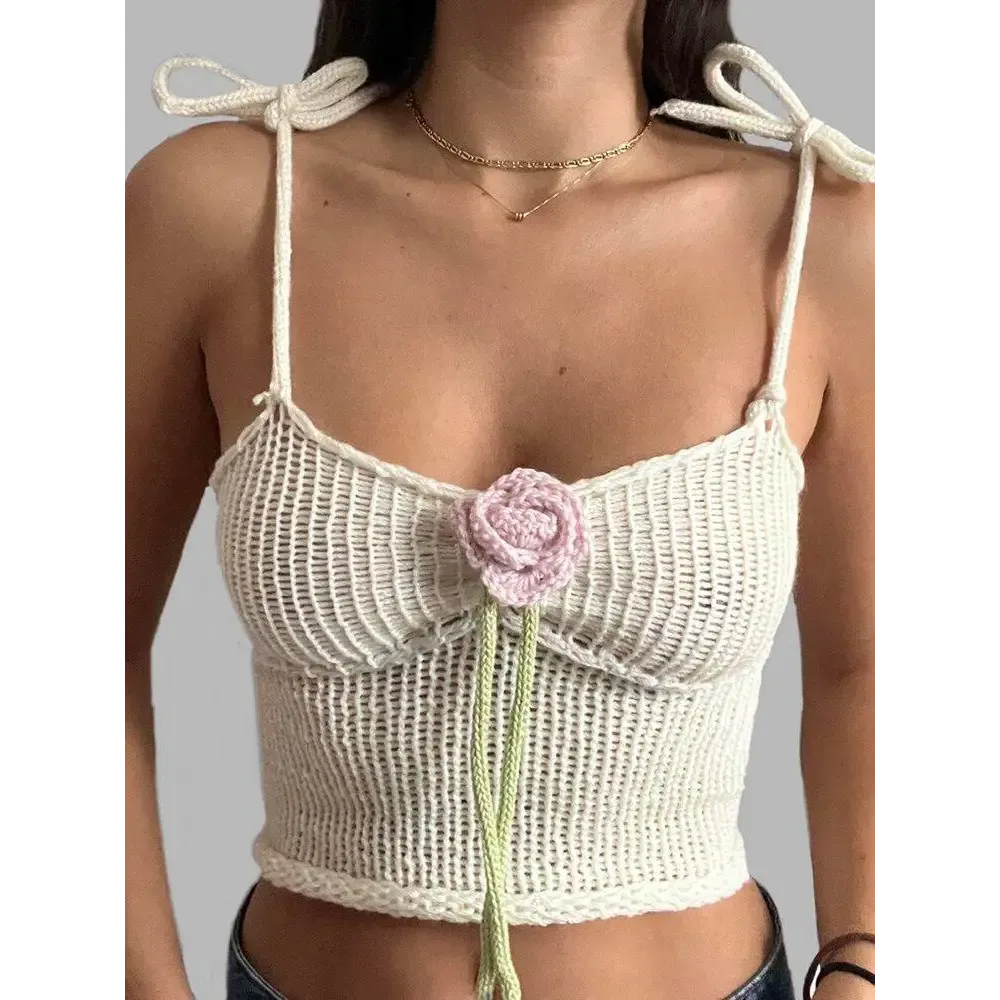 Ethereal White Crop Top with Adjustable Shoulder Straps and Knit Rose Details