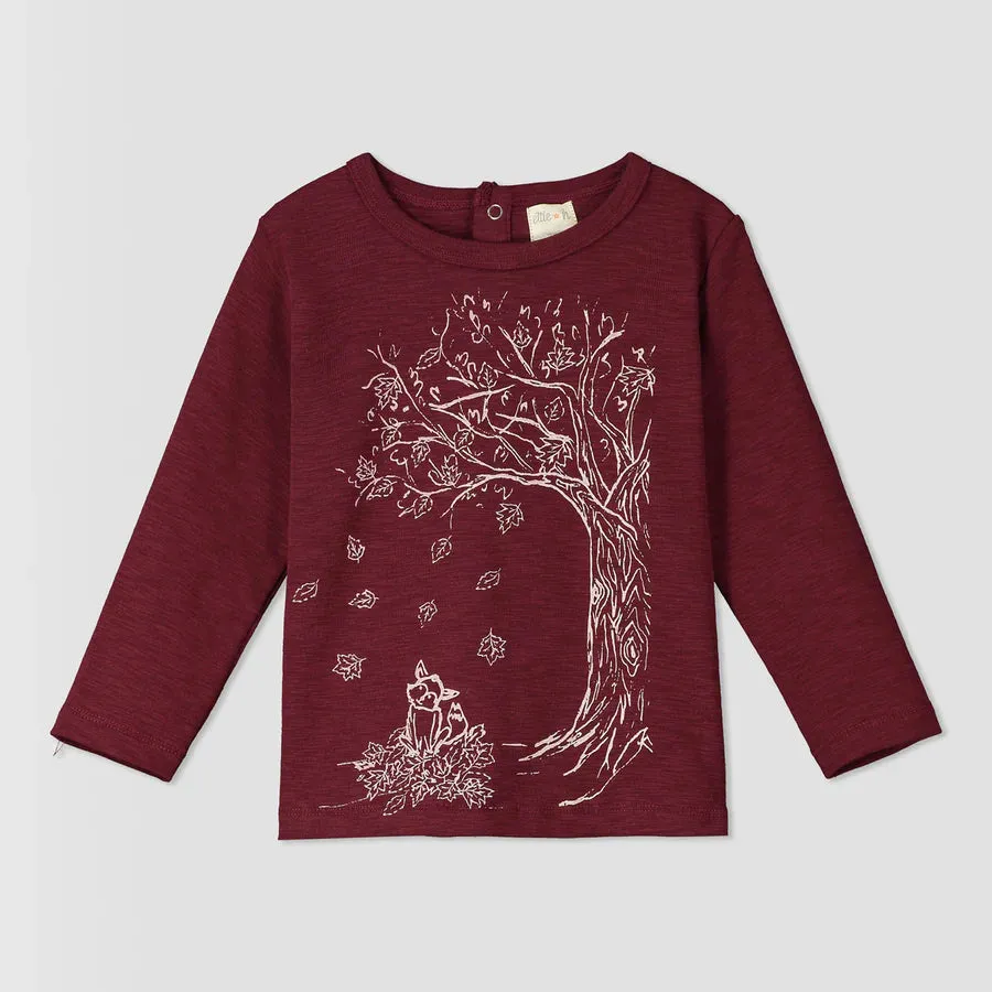 Ettie & H “Jago” Long Sleeved Cotton Tee in Burgundy Trees Print: Size NB to 7 Years