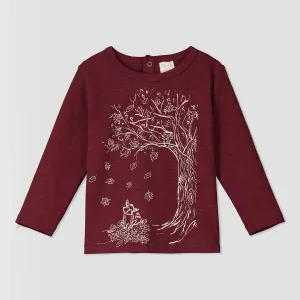 Ettie & H “Jago” Long Sleeved Cotton Tee in Burgundy Trees Print: Size NB to 7 Years