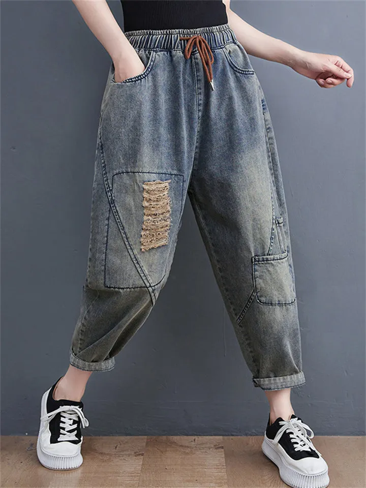 Female Loose Elastic Waist Ripped Thin Retro Jeans