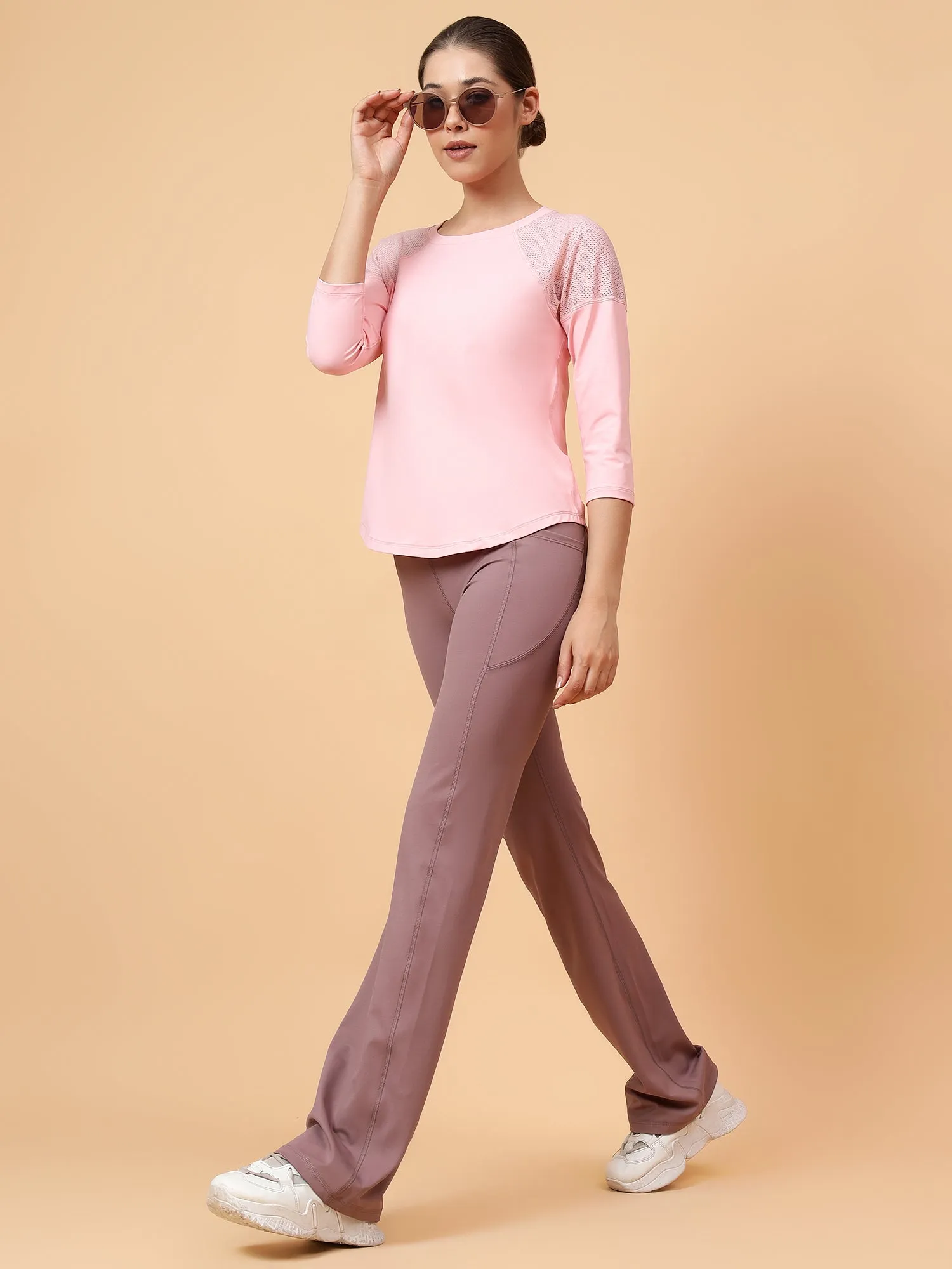 Fitkin Women Pink Back Mesh Panel 3/4 Sleeve Tshirt