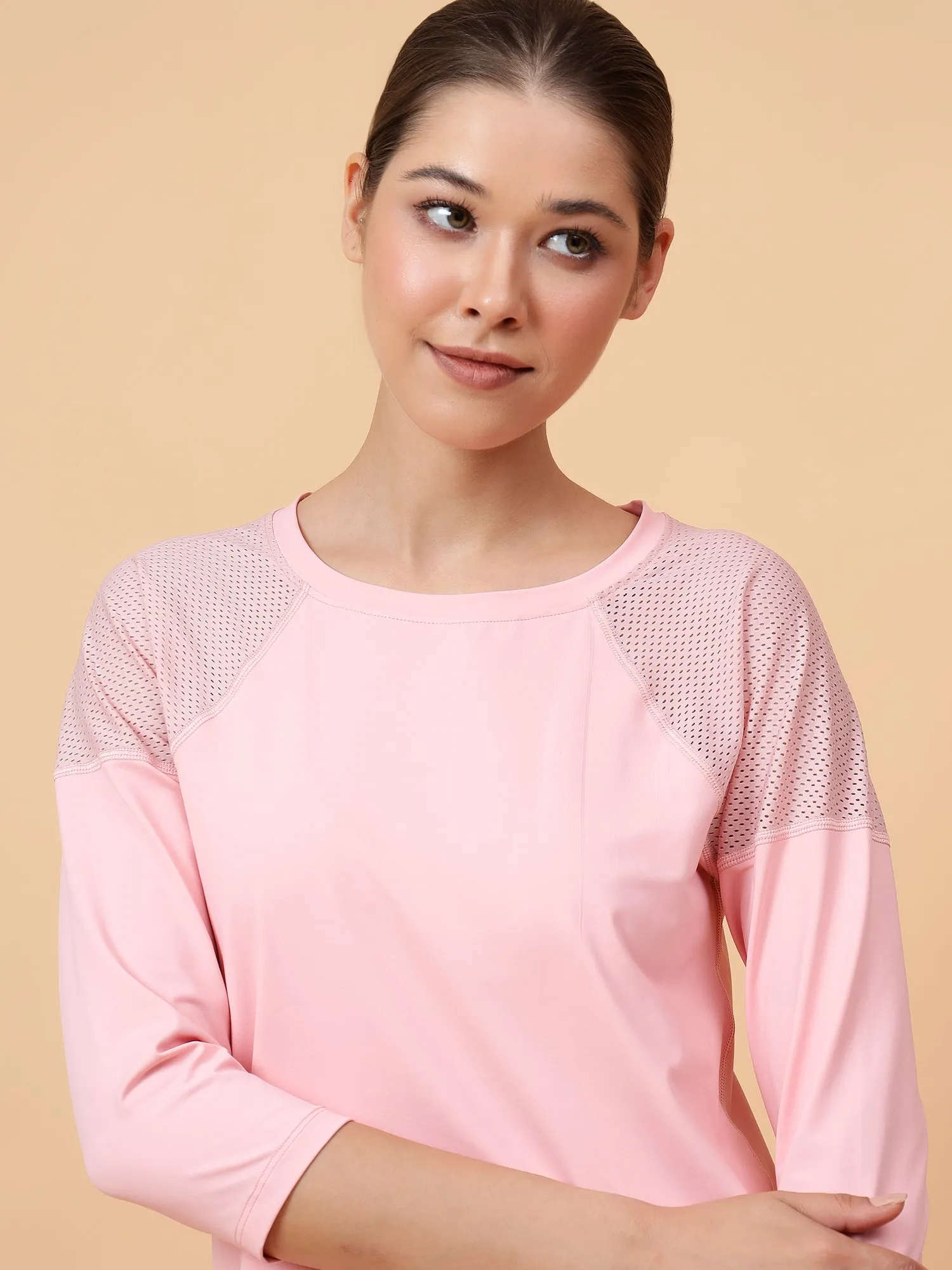 Fitkin Women Pink Back Mesh Panel 3/4 Sleeve Tshirt