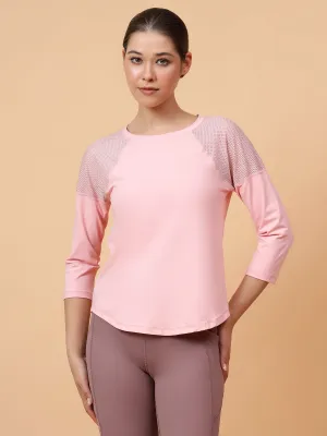 Fitkin Women Pink Back Mesh Panel 3/4 Sleeve Tshirt