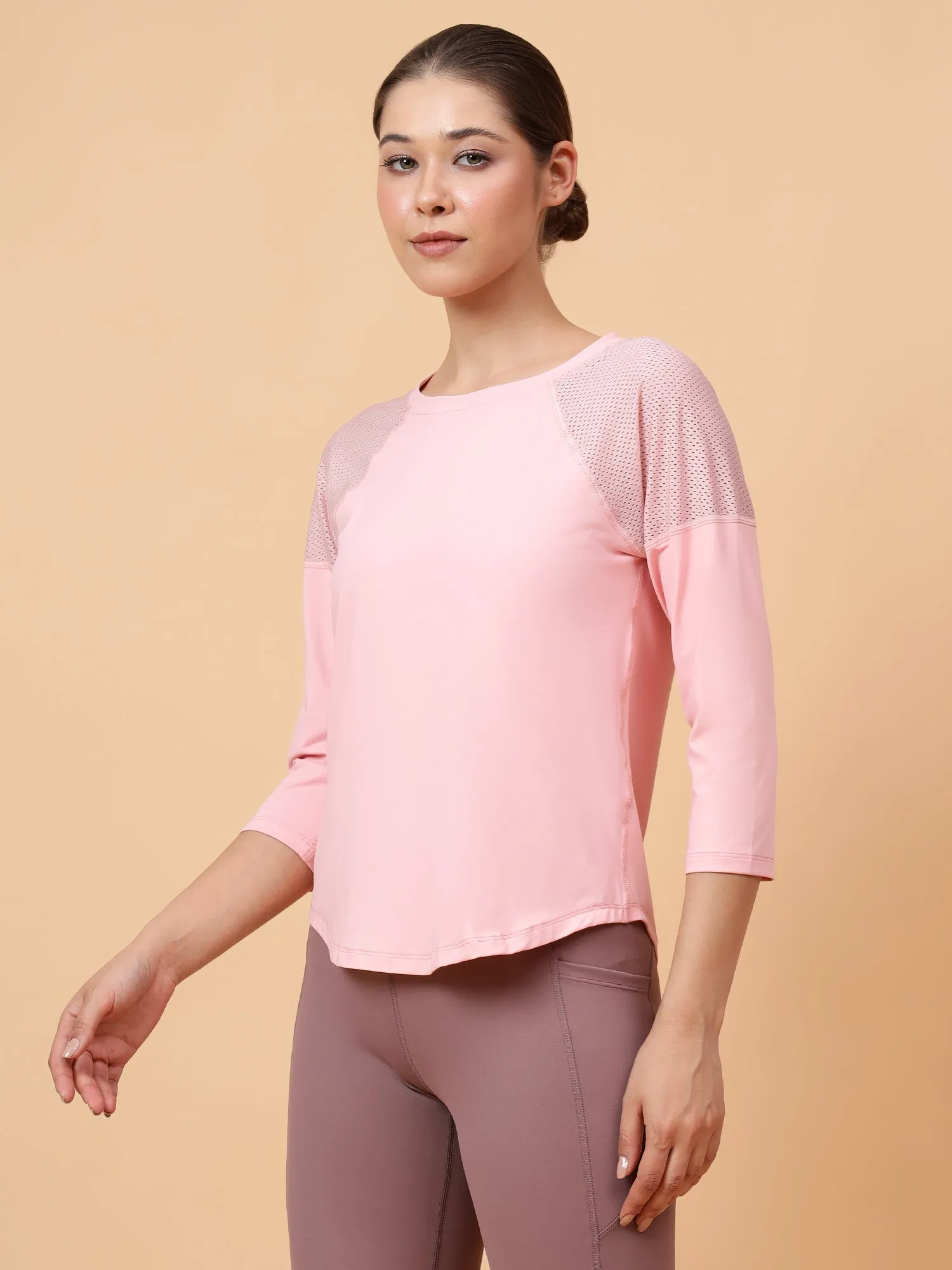 Fitkin Women Pink Back Mesh Panel 3/4 Sleeve Tshirt