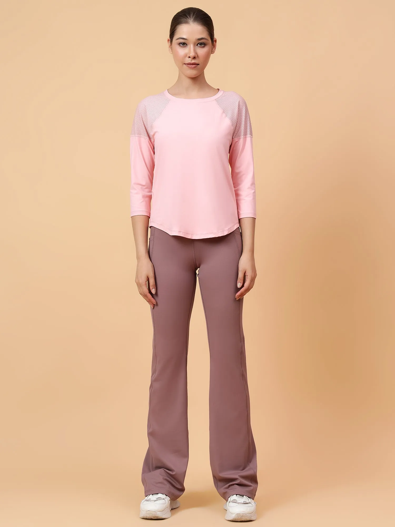 Fitkin Women Pink Back Mesh Panel 3/4 Sleeve Tshirt
