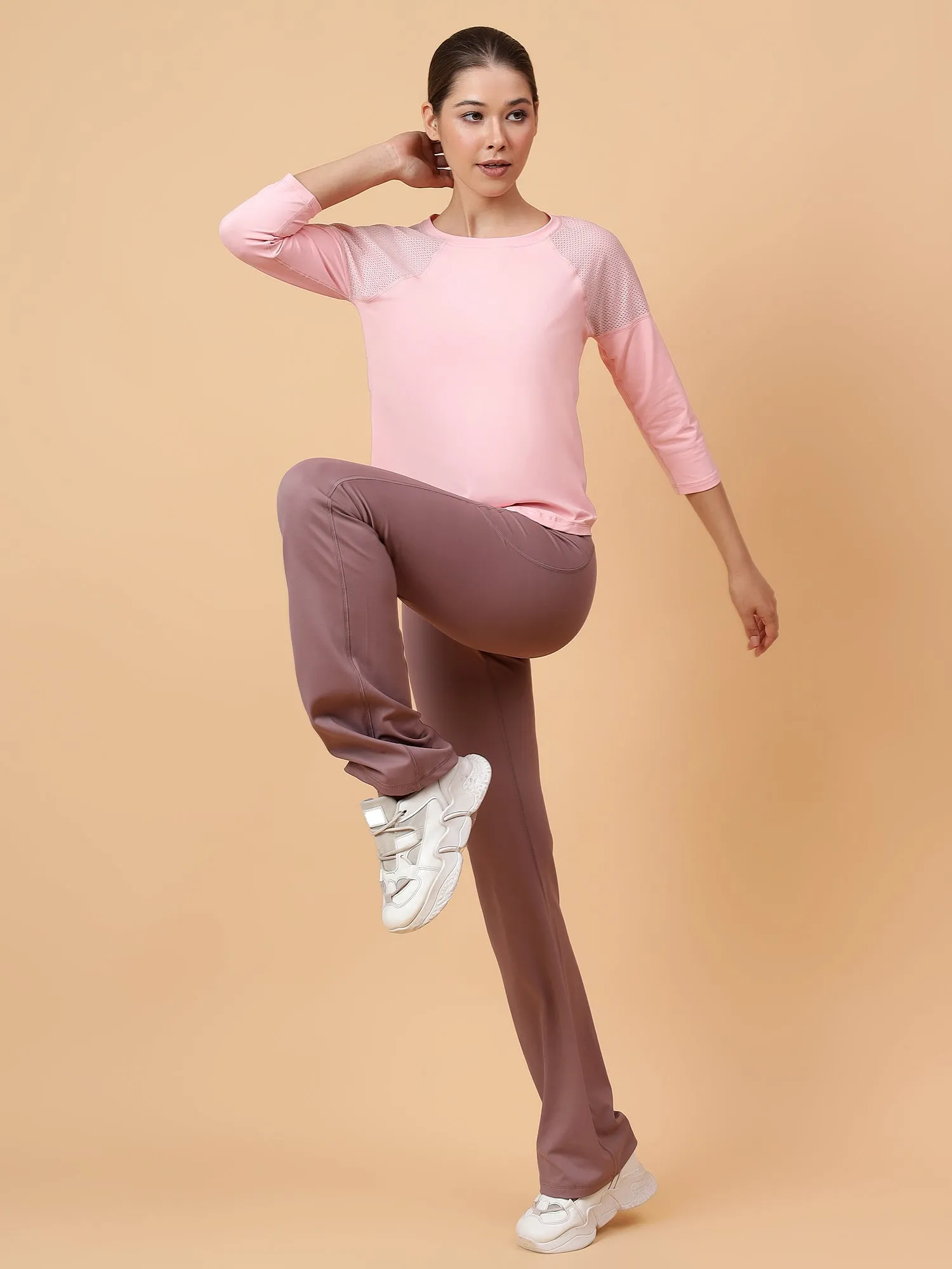 Fitkin Women Pink Back Mesh Panel 3/4 Sleeve Tshirt