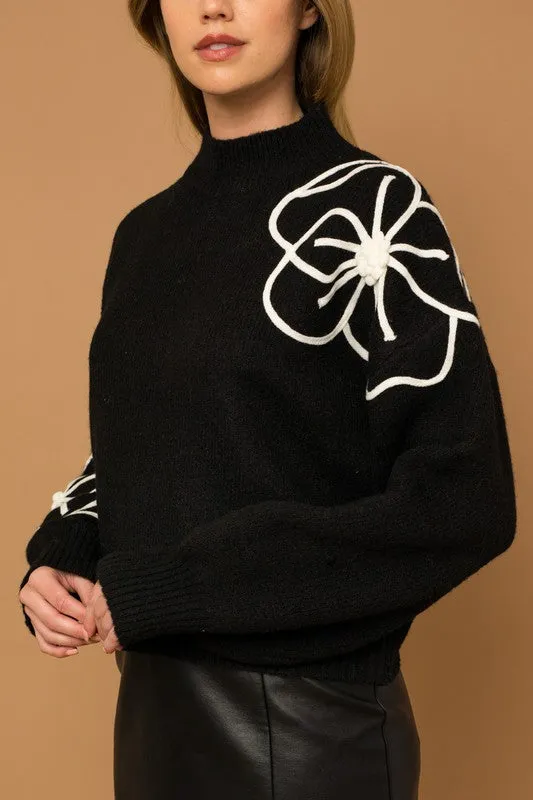 Flower Embroidery Mock Neck Sweater (Various colors) , Gilli