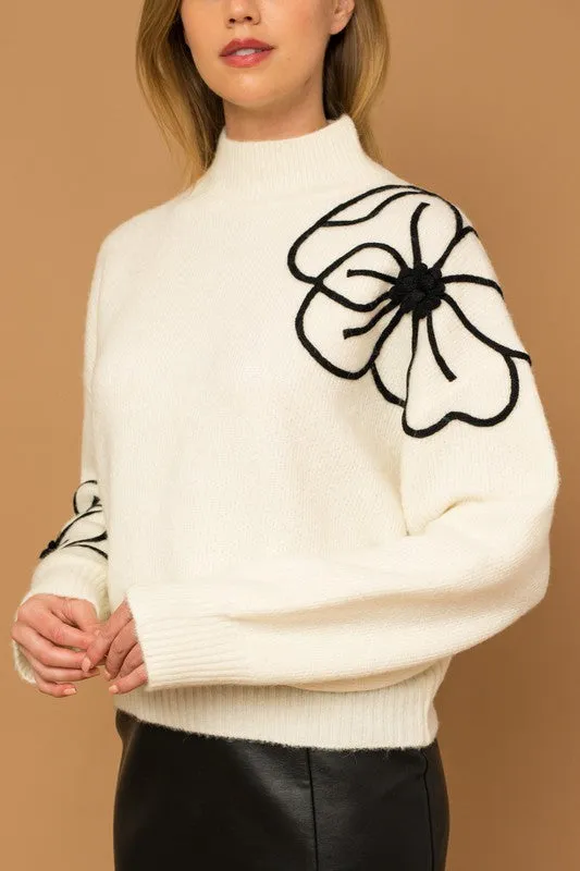 Flower Embroidery Mock Neck Sweater (Various colors) , Gilli