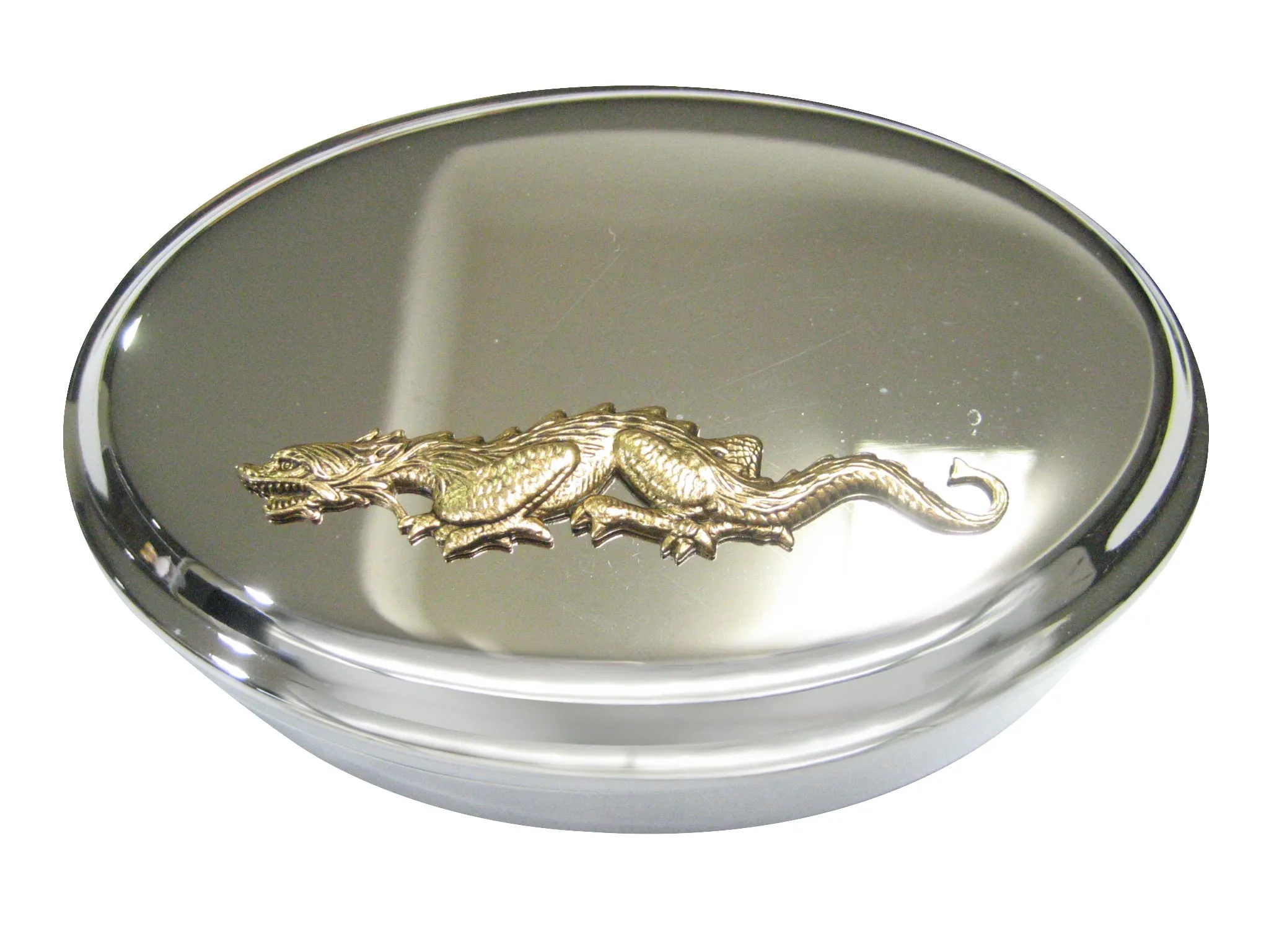 Gold Toned Fierce Dragon Oval Trinket Jewelry Box